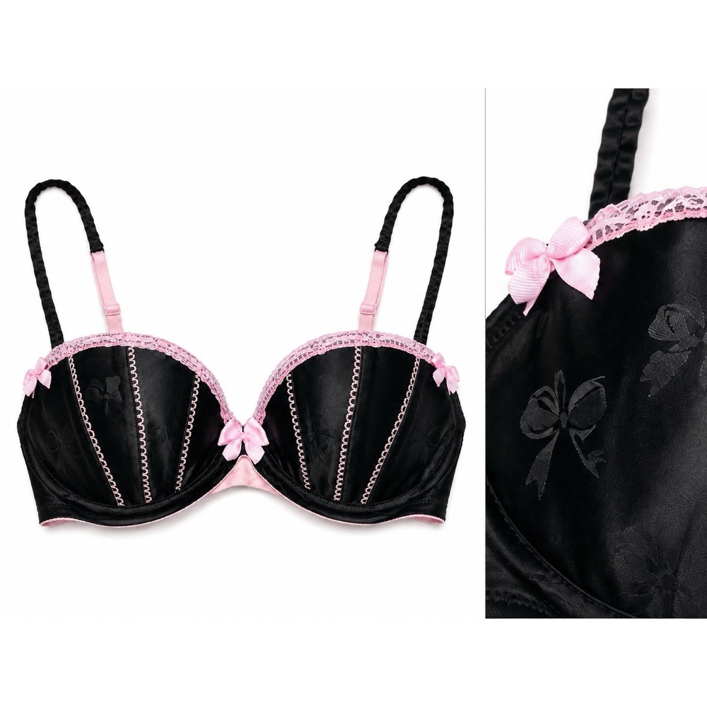 Vintage Victoria's Secret Sexy Little Things 32D Satin Push Up Bra Pink Bow